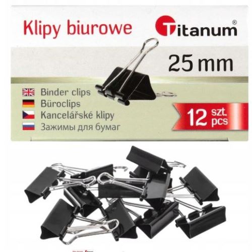 Klipy biurowe klamry spinacze czarne 25mm 12 sztuk